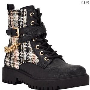 GUESS Black and White Tweed Combat Boots